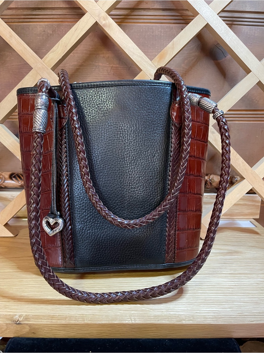 Western Inspired Brighton 2-Tone Black Pebbled Leather Brown Croc Embossed Tote